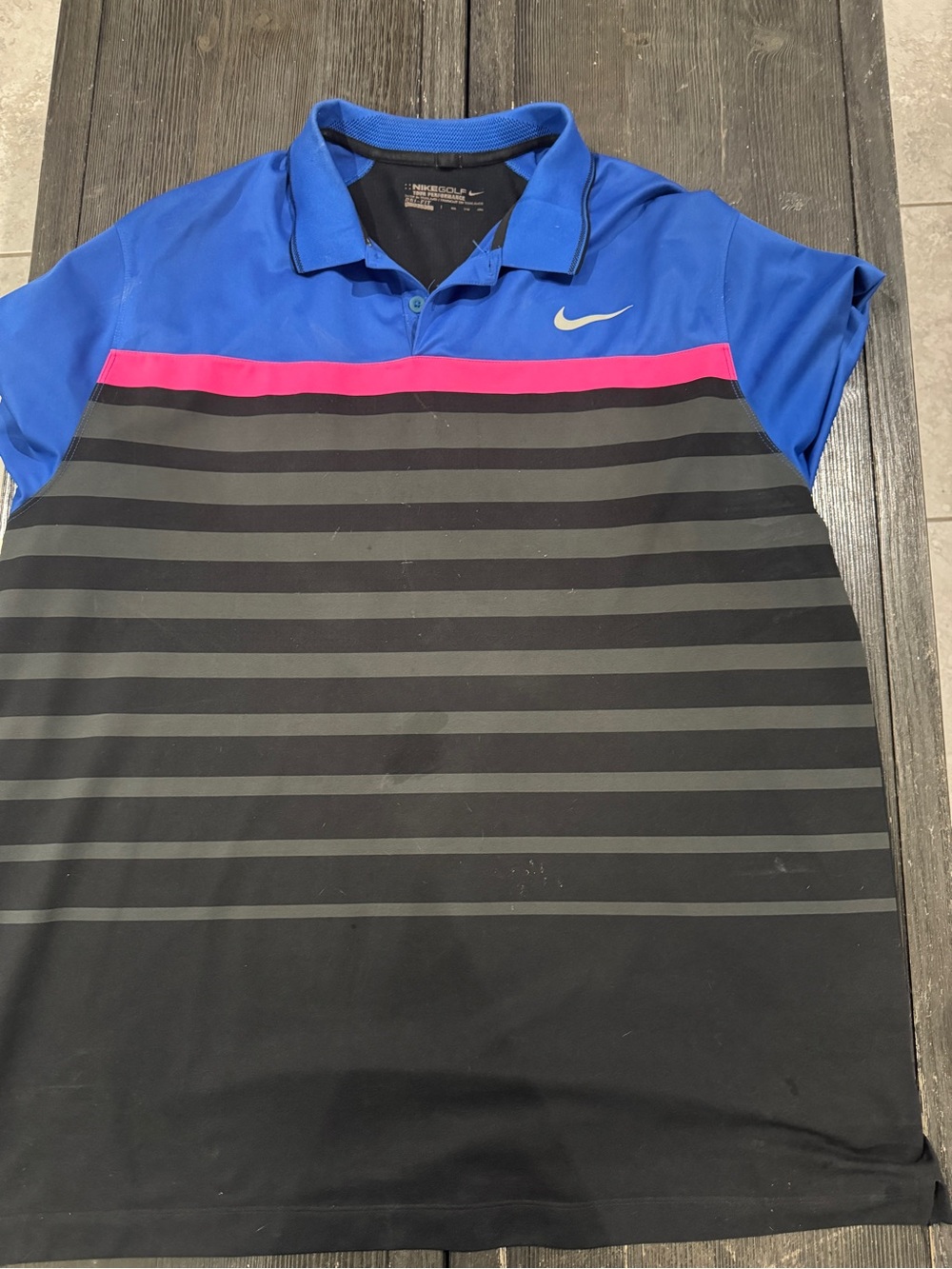 Nike Men’s Blue Polo with Pink Chest Stripe and Black Striped Body
